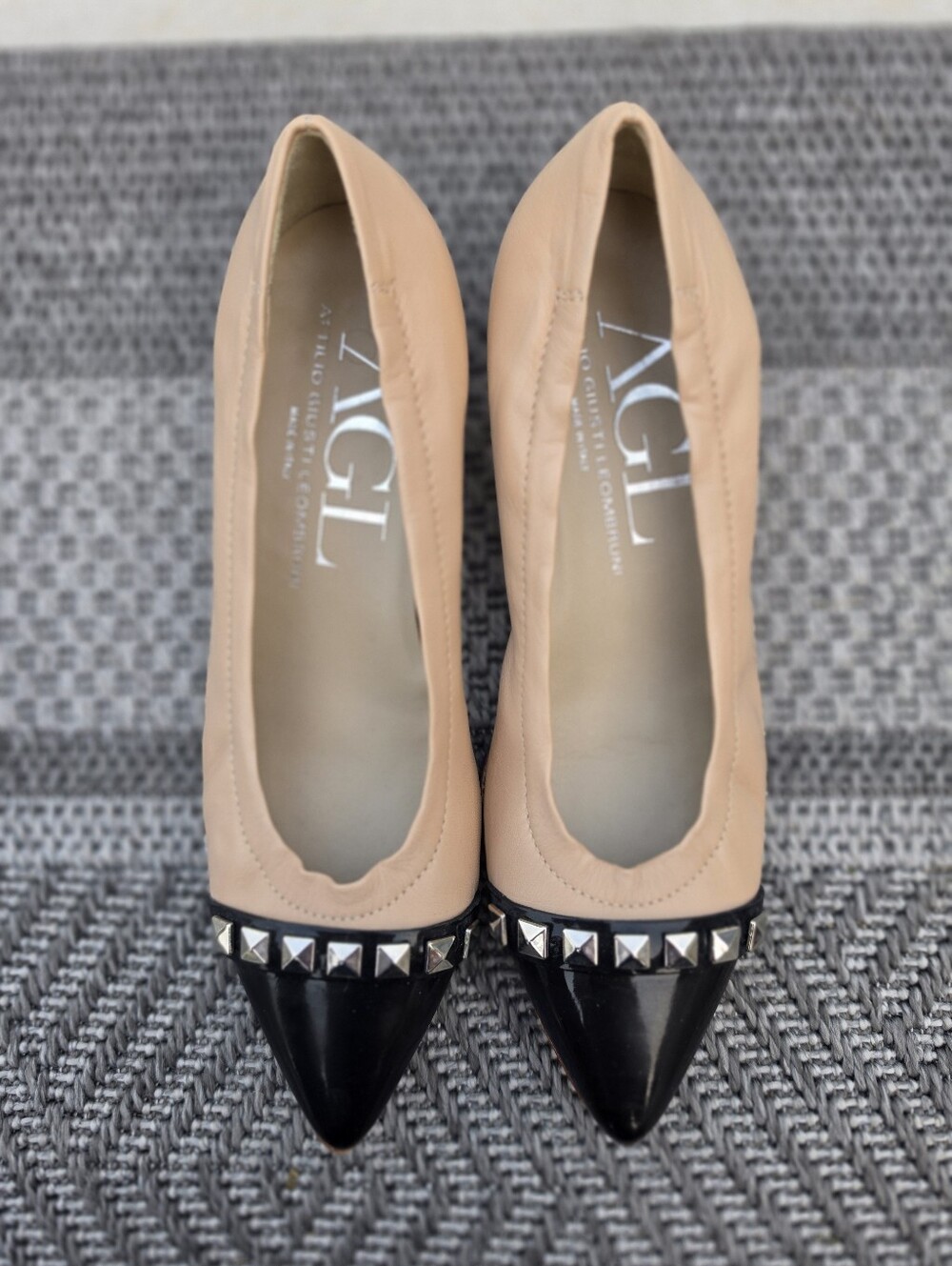AGL Nude and Black Pointed Toe Studded Flats Made In Italy